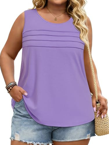 Plus Size Tank Tops for Women Summer Loose Fit Pleated Tshirts Sleeveless Flowy Causal Crewneck Blouse Trendy Outfit (Purple, 6XL) | Amazon (US)