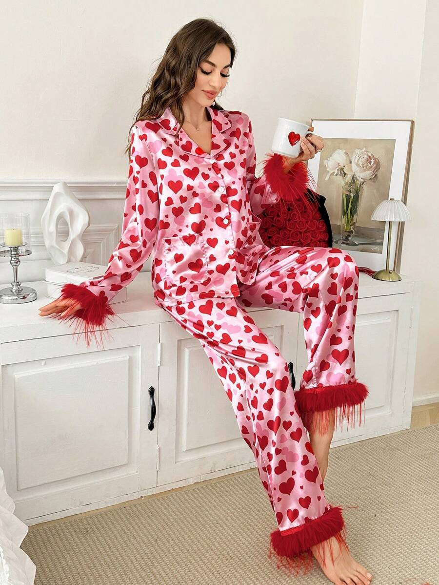 Women Front Button Faux Fur Patchwork Long Sleeve Top And Long Pants Christmas Pajama Set | SHEIN