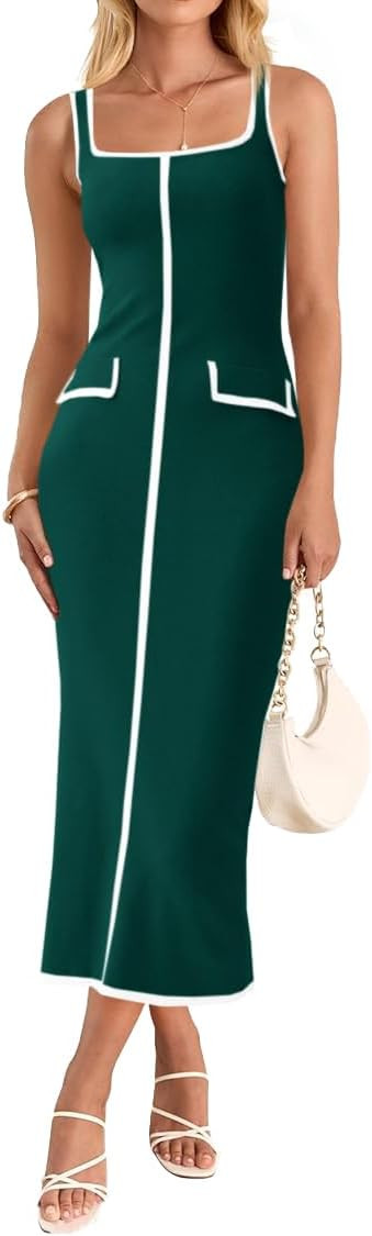 Saodimallsu Womens Summer Sleeveless Midi Dress Square Neck Knit Cocktail Bodycon Color Block Tan... | Amazon (US)