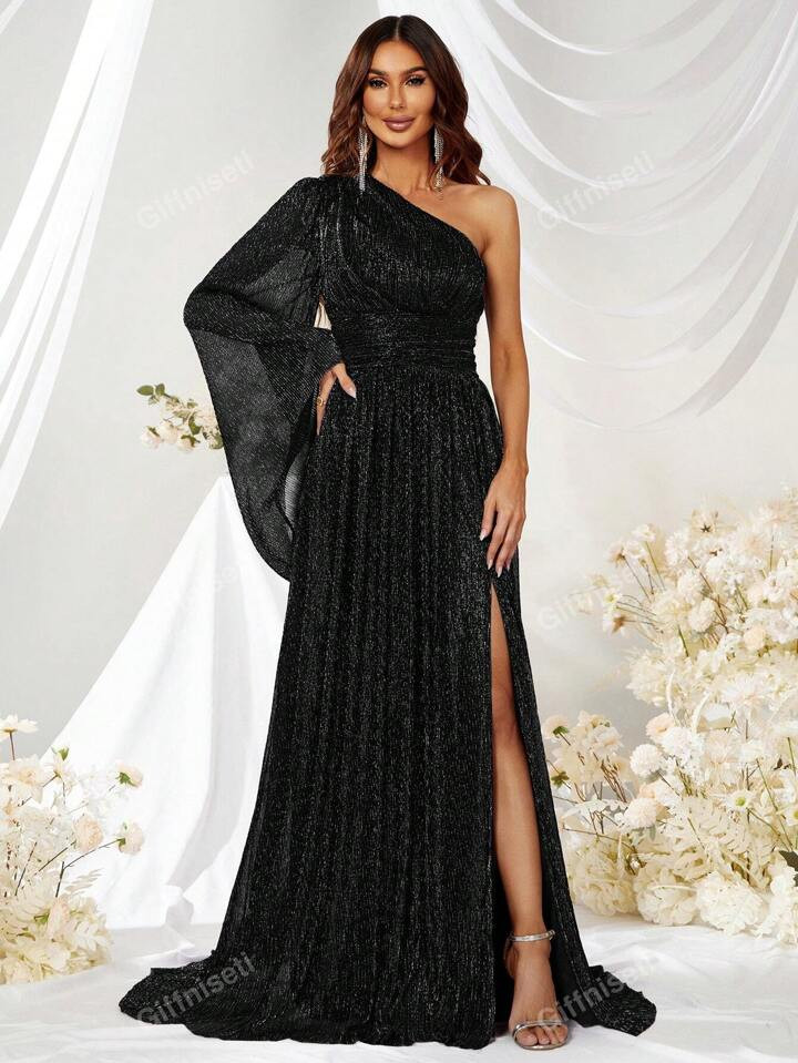 Giffniseti One Shoulder Split Thigh Formal Dress Black Elegant Long Sleeve Prom Evening Wedding G... | SHEIN