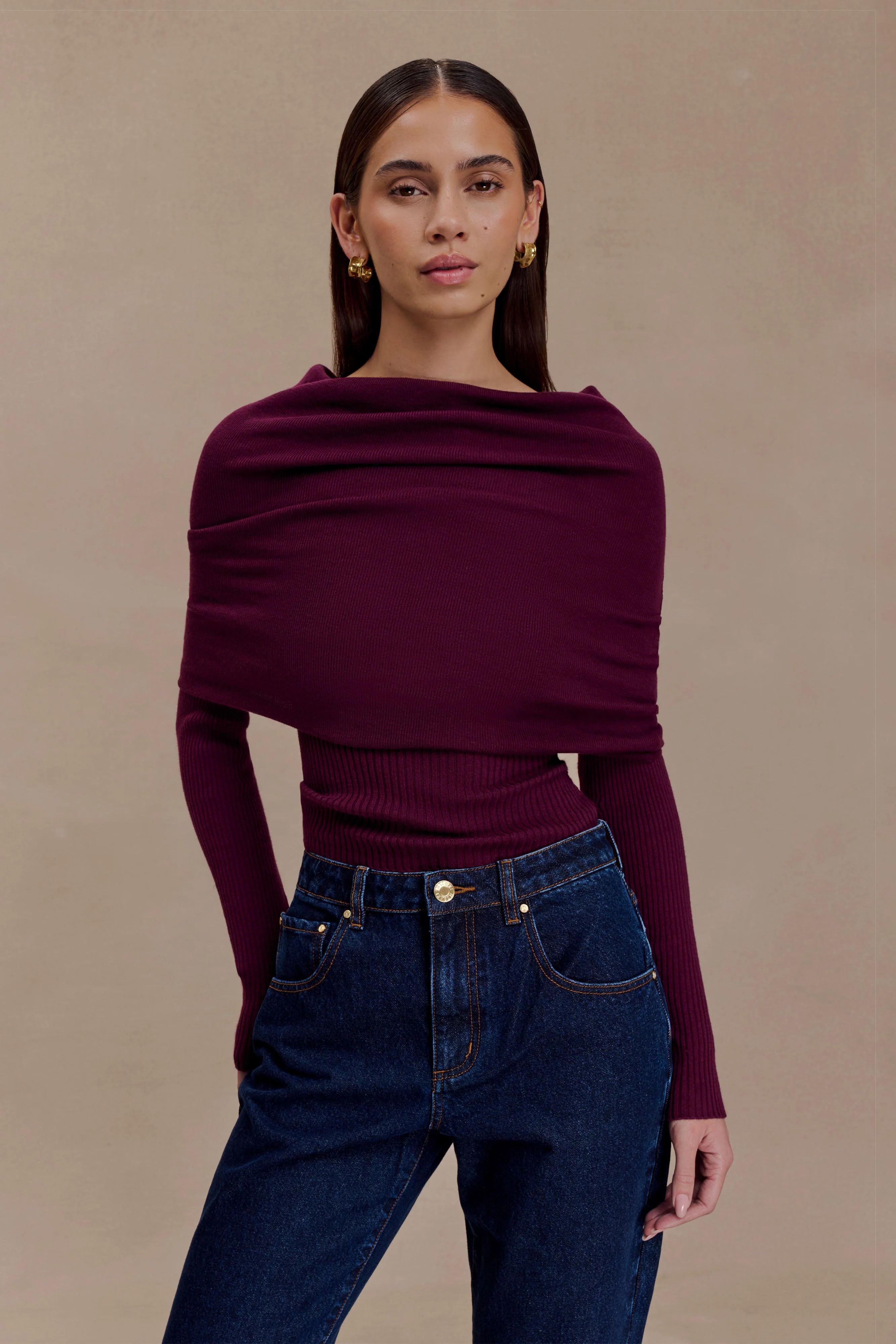 Mazie Asymetrical Cashmere Blend Long Sleeve Knit Top - Plum | MESHKI US