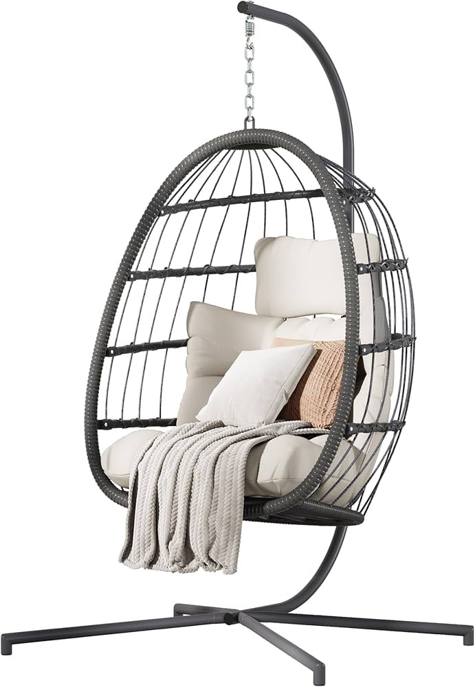 HWB Hanging Egg Chair with Stand, Patio Wicker Hammock Egg Swing Chair with Cushion for Bedroom G... | Amazon (US)