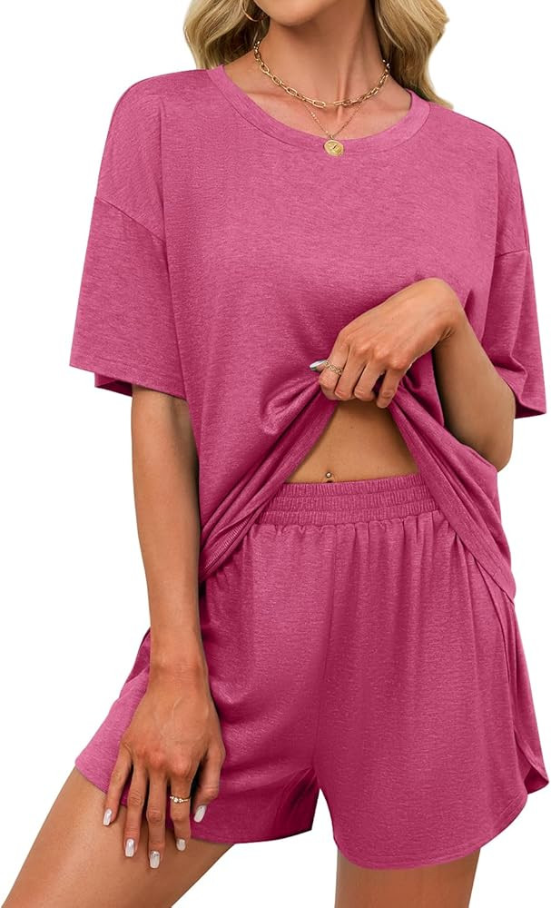 JUSTFASHIONNOW Womens Pajama Sets Shorts Striped Print Two Piece Lounge Sets Crew Neck Sleepwear ... | Amazon (US)