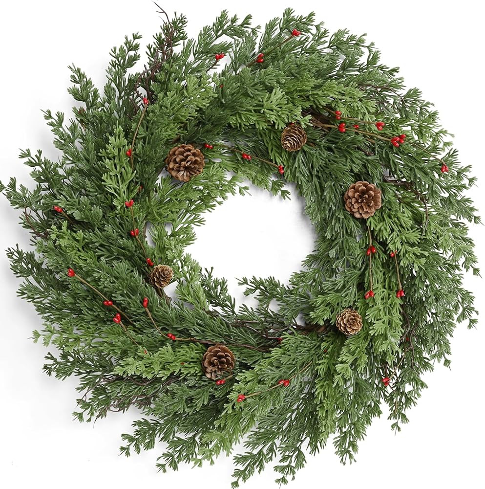 Waipfaru 24 Inch Christmas Wreaths for Front Door, Real Touch Cedar Wreath, Artificial Green Pine... | Amazon (US)