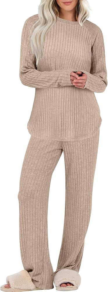 ANRABESS Womens 2 Piece Lounge Pajama Sets Ribbed Knit Long Sleeve Tunic Tops Matching Pants Casu... | Amazon (US)