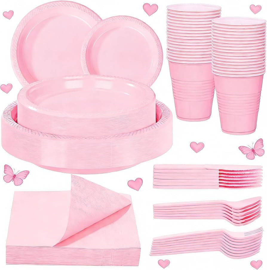 WELLIFE 210 PCS Pink Plastic Plates for 30 Guests - Disposable Dinnerware Set Including Dinner Pl... | Amazon (US)