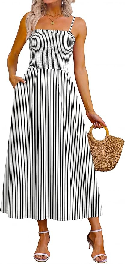OFEEFAN Womens Spaghetti Strap Maxi Dresses Smocked with Pockets 2026 Summer Spring Casual Boho B... | Amazon (US)