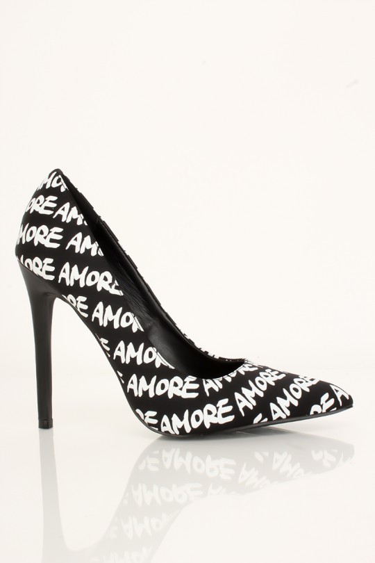 Black Graphic Print Slip On High Heels Pumps | Ami Club Wear
