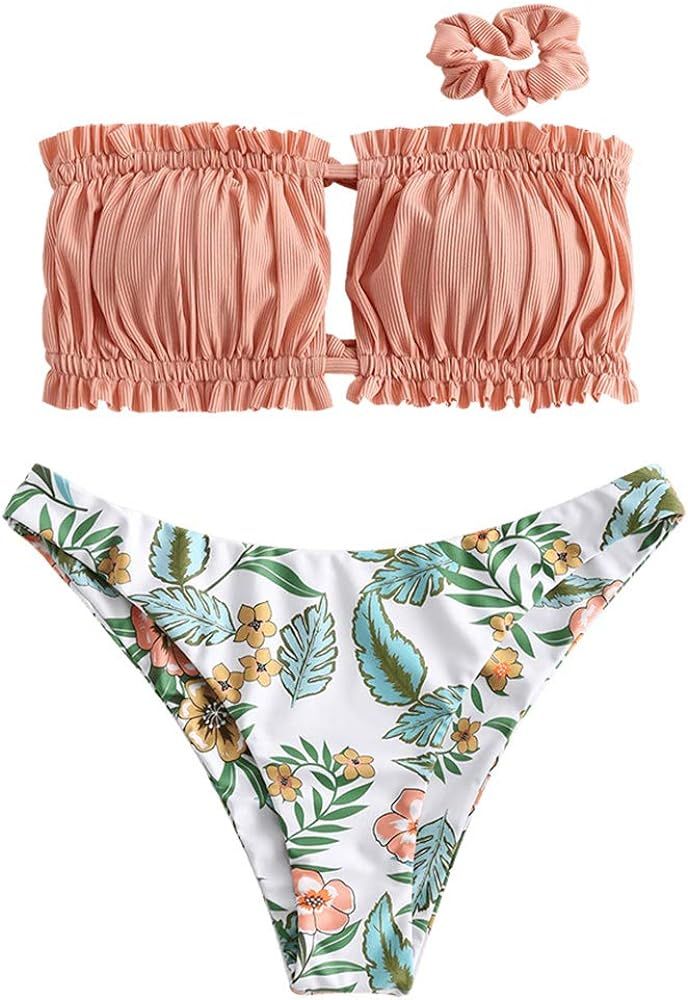 Amazon.com: ZAFUL Women's Strapless Ribbed Tie Back Ruffle Cutout Bandeau Bikini Set Swimsuit (V-Blu | Amazon (US)
