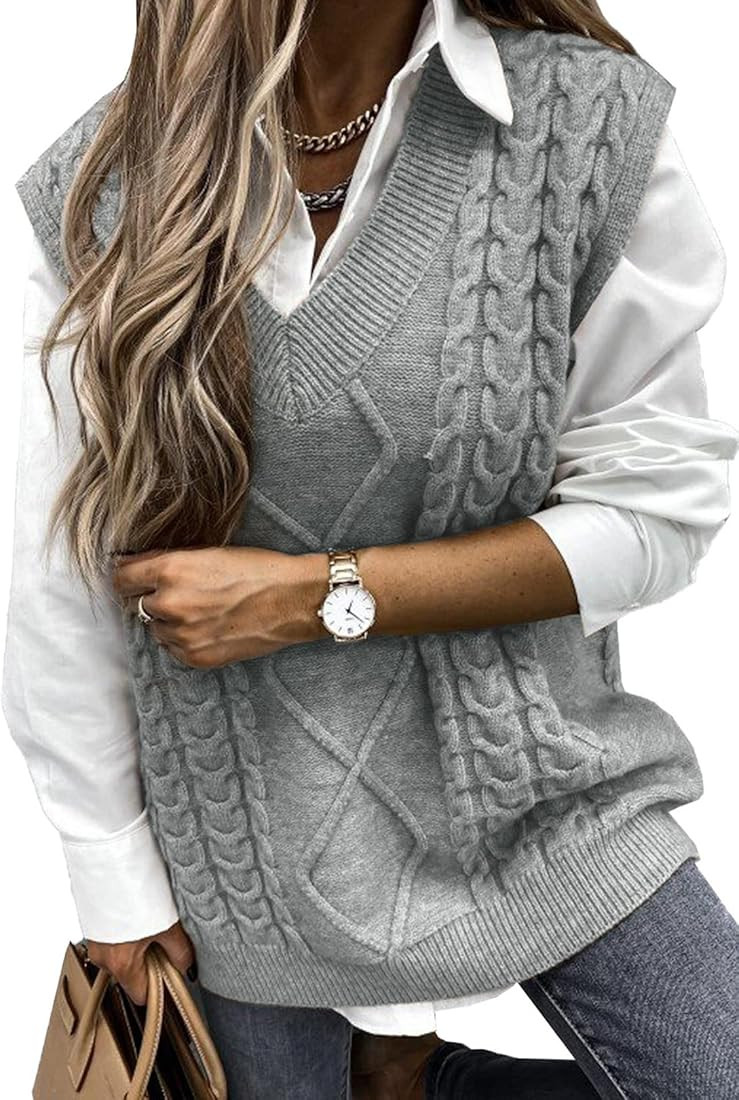 Sweezarmo Womens V Neck Cable Knit Sweater Vest Solid Color Oversized Sweater Casual Sleeveless P... | Amazon (CA)