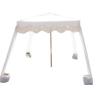 6 ft. x 6 ft. White Boho Beach Cabana with Fringe and Wood Pole | The Home Depot