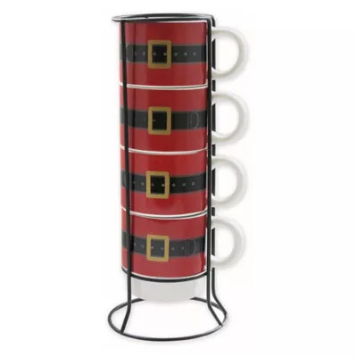 American Atelier Adorable Santas' Belt 5-Piece Coffee Mug Set with Storage Rack | Bed Bath & Beyond