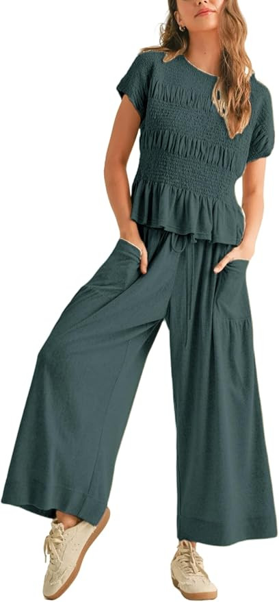 Antnation Womens 2 Piece Smocked Top Wide-Leg Pants Set High-Waisted Lounge Outfit with Pockets C... | Amazon (US)
