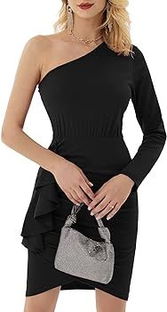 GRACE KARIN Sexy One Shoulder Ruched Bodycon Dresses Long Sleeve Ruffle Split Wrap Party Mini Dre... | Amazon (US)