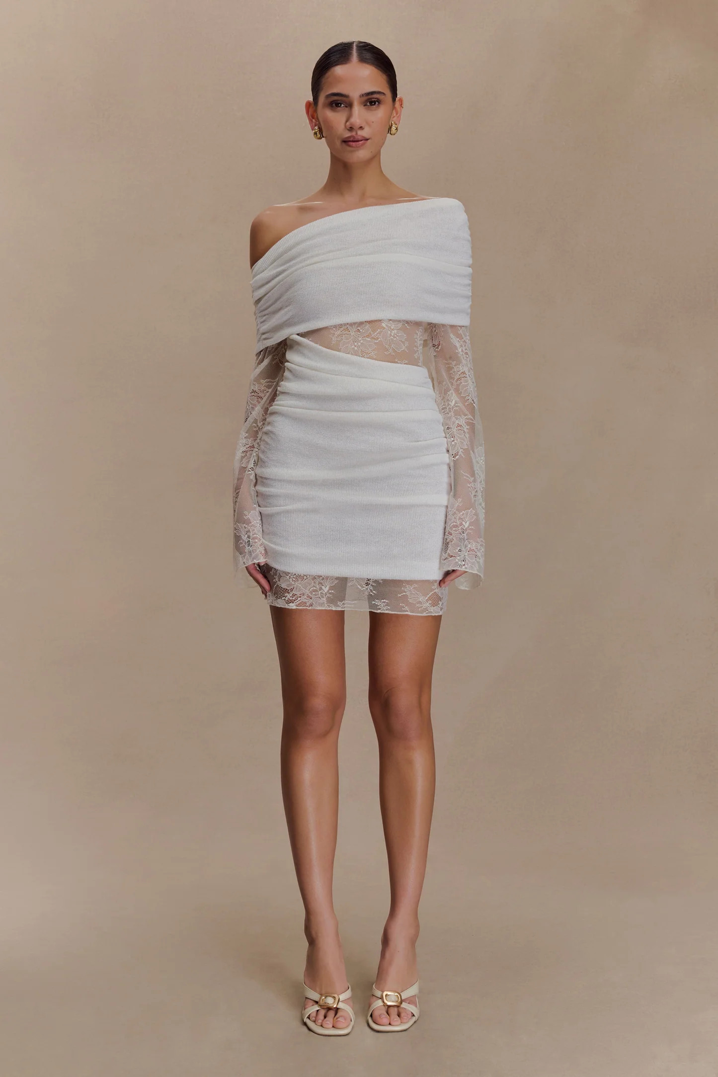 Lace Knit Mini Dress - Ivory | MESHKI US
