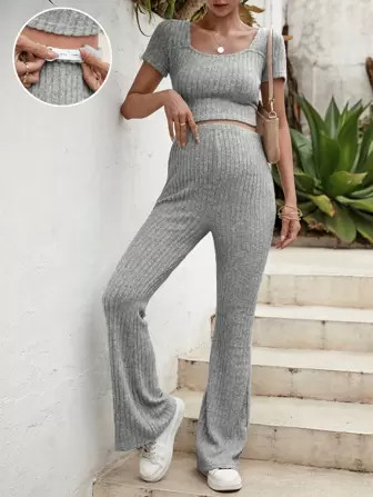 SHEIN Maternity Ribbed Knit Crop Tee & Adjustable Elastic Waist Pants | SHEIN