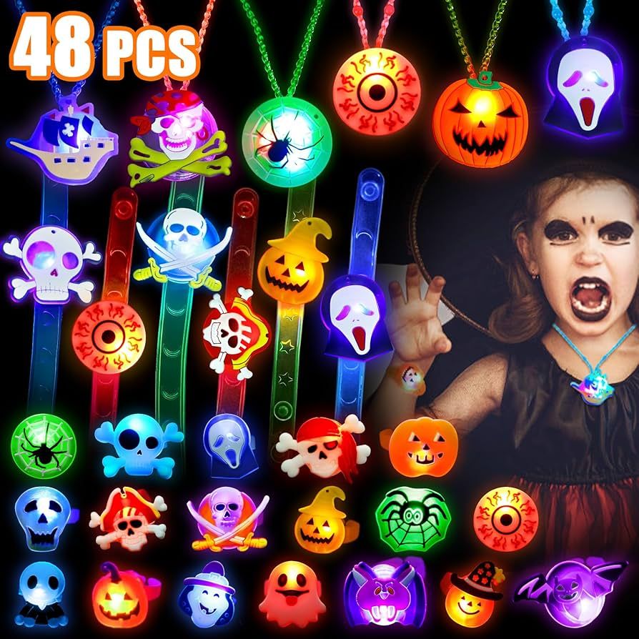 48 Pcs Halloween Treats Non Candy Toys for Kids, Glow In The Dark Flash Necklaces Light Up Bracel... | Amazon (US)