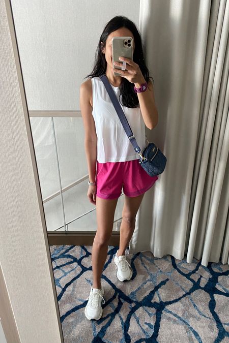 Vacation outfit. Cruise outfit. Athleisure. Athletic wear. Workout clothes. 
Tank top has mesh back; true to size. 
Shorts have nice details; true to size. 
Sneakers. 
Denim bag. Denim handbag. 


#LTKover40 #LTKfindsunder100 #LTKfitness