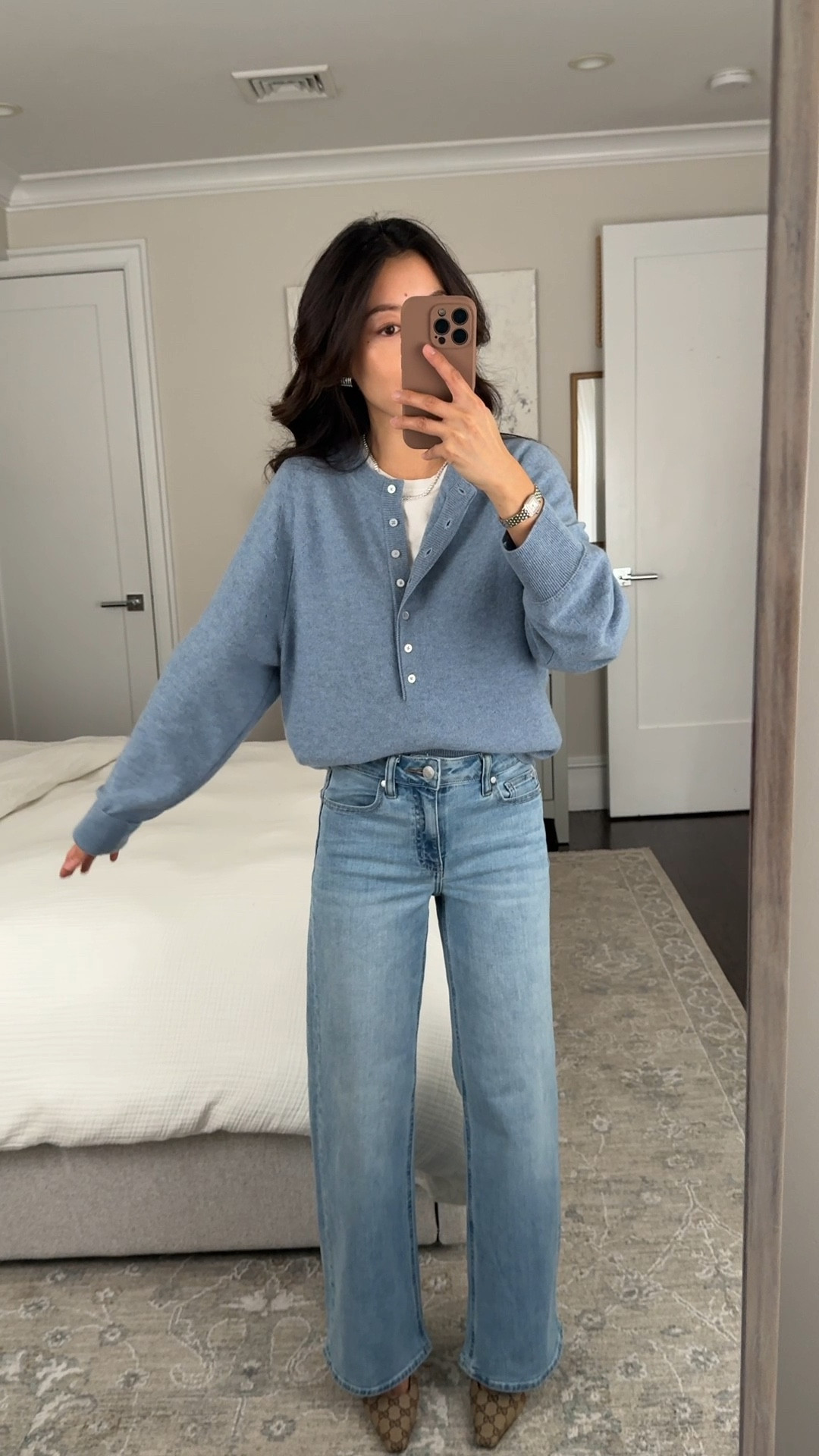 Great value stretch jeans. I also have the straight style linke under similar! 

• Mongolian Cashmere Henley Sweater xs, lighter weight sweater relaxed fit with a loosely banded bottom, sleeves are a little long on me

• Bella stretch wide leg jeans size 24 x 28 inseam perfect for petites to wear with flats and sneakers, I have this style in multiple washes

Petite friendly jeans, transitional spring outfit, easy mom outfit

#LTKootd #LTKmomlife #LTKPetite