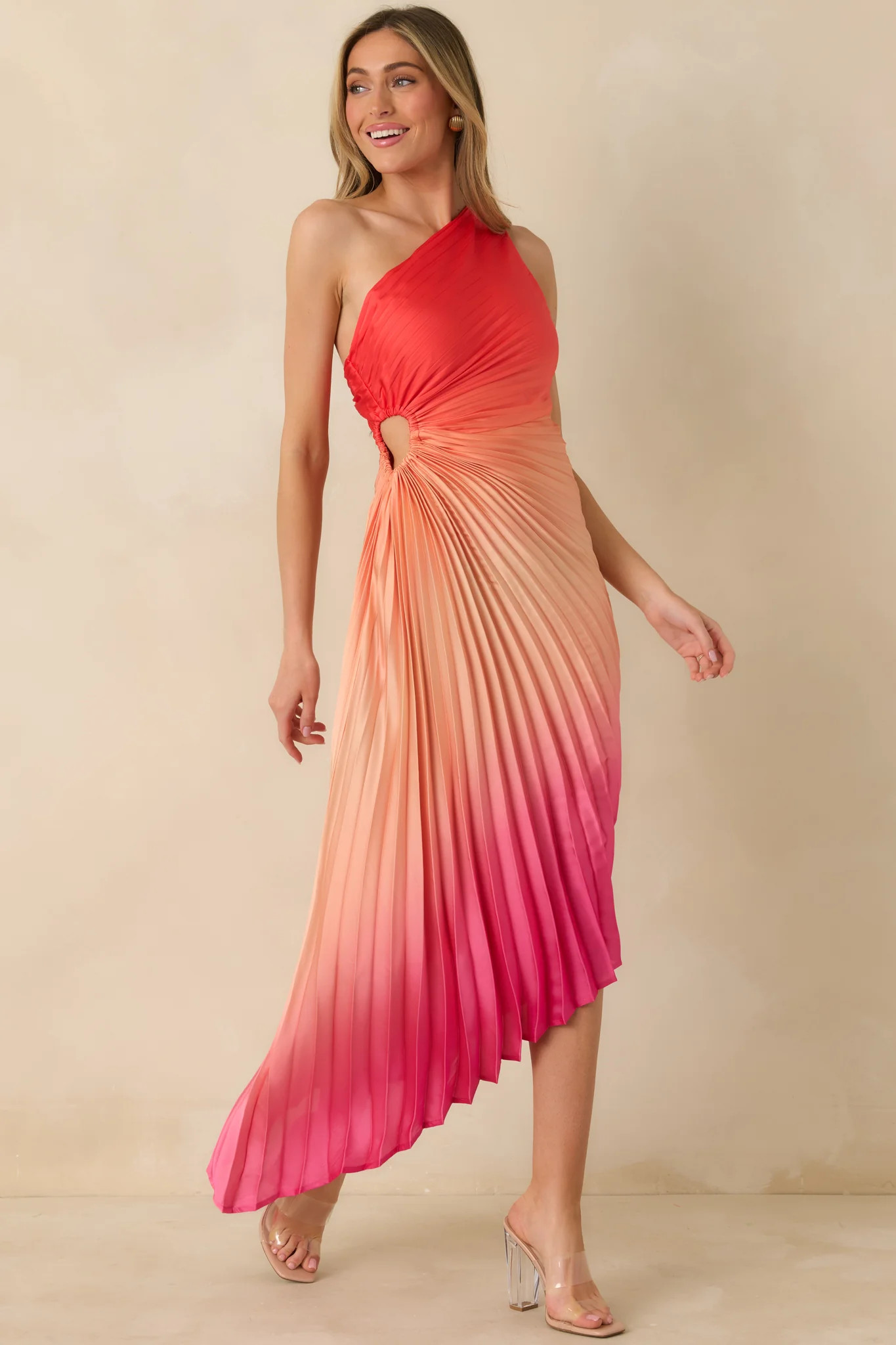 Poetic Charm Coral Pink Ombre Asymmetric One Shoulder Maxi Dress | Red Dress