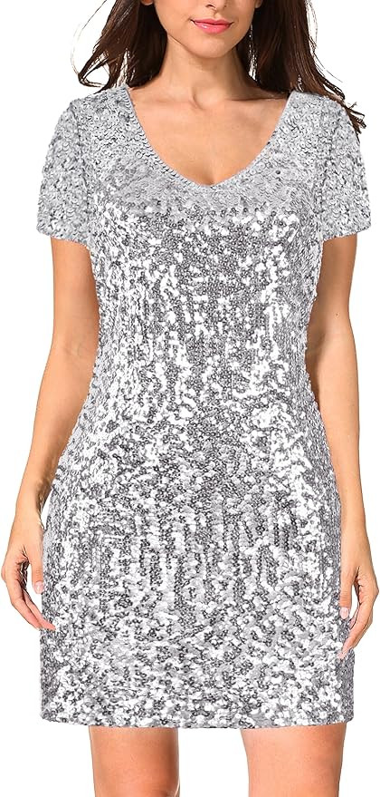 MANER Women's Sequin Glitter Short Sleeve Dress Sexy V Neck Mini Party Club Bodycon Dresses | Amazon (US)