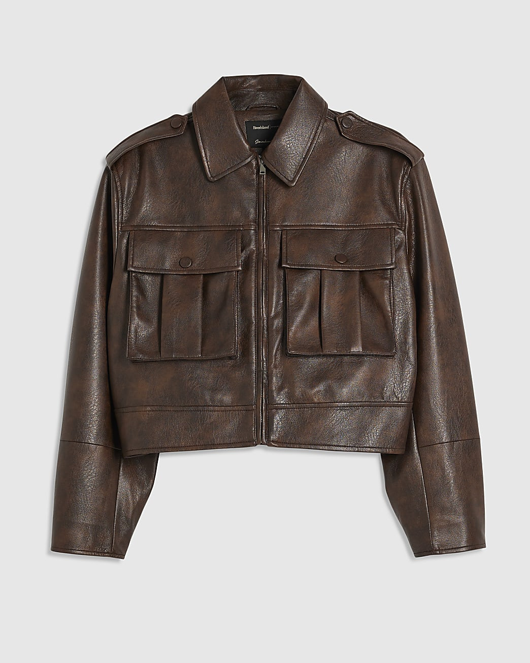 Brown Faux Leather Crop Harrington Jacket | River Island UK & IE