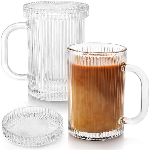 Glass Coffee Mugs Clear Mug - 14 Oz Ribbed Mugs with Straw Spoon Classical Vertical Stripes Glass... | Amazon (US)