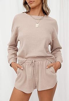 Women's Waffle Knit Long Sleeve Top and Shorts Pullover Nightwear Lounge Pajama Set with Pockets | Amazon (US)