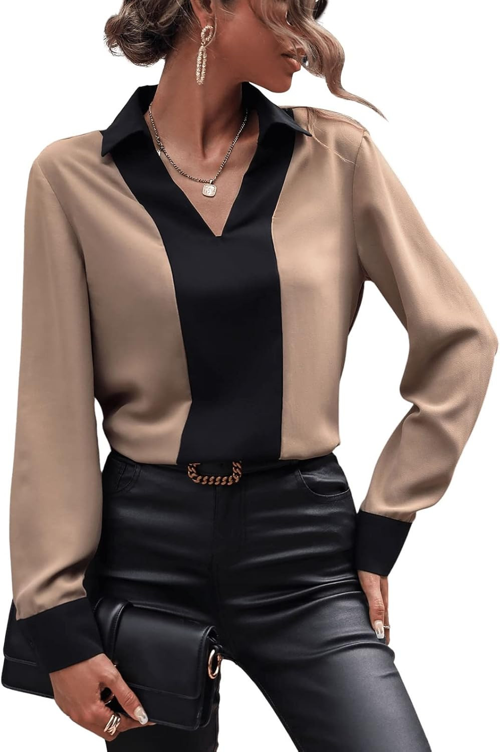 SweatyRocks Women's Color Block Long Sleeve Collar V Neck Shirt Casual Office Work Pullover Blous... | Amazon (US)