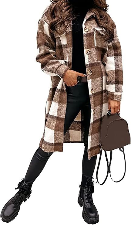 Womens Lapel Plaid Button Up Long Sleeve Shirt Coat Wool Blend Shacket Jacket with Pockets | Amazon (US)