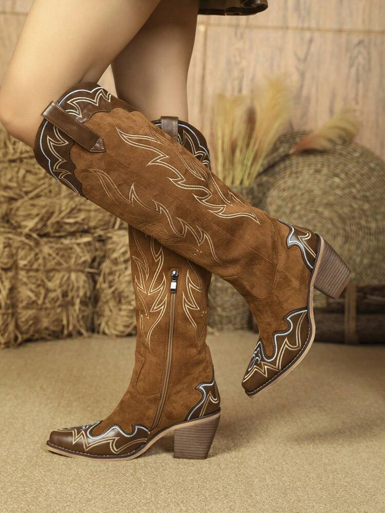 Styleloop Women's Unique Embroidery Knee High Pointed Toe Western Cowboy Side Zipper Boots Brown ... | SHEIN
