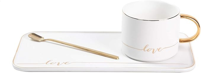 TJ Gobal Porcelain Coffee Mug, Tea Cup with Saucer and Golden Spoon with Gold Scripted Love and T... | Amazon (US)