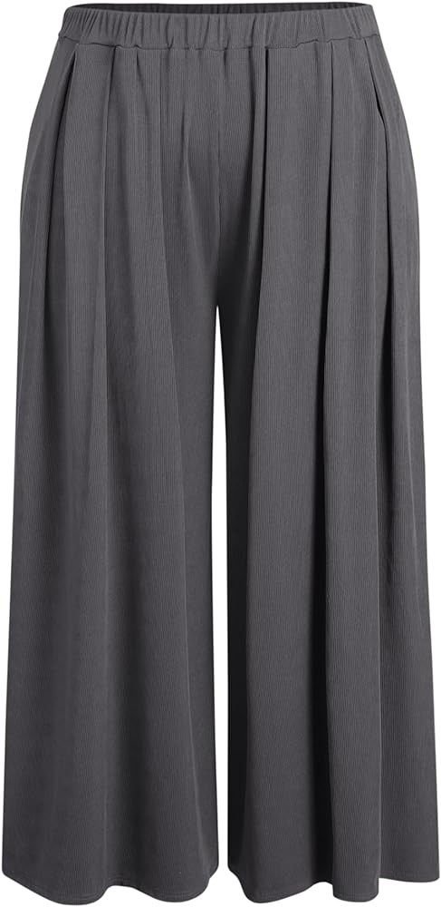CIDER Solid Elastic Waist Pocket Wide Leg Pants Curve & Plus | Amazon (US)