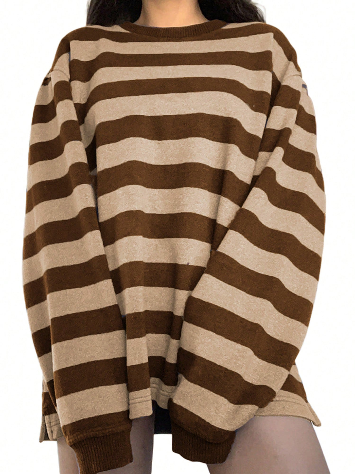 Womens Casual Long Sleeve Sweater Fashion Contrast Color Stripe Round Neck Loose Sweatshirt | SHEIN