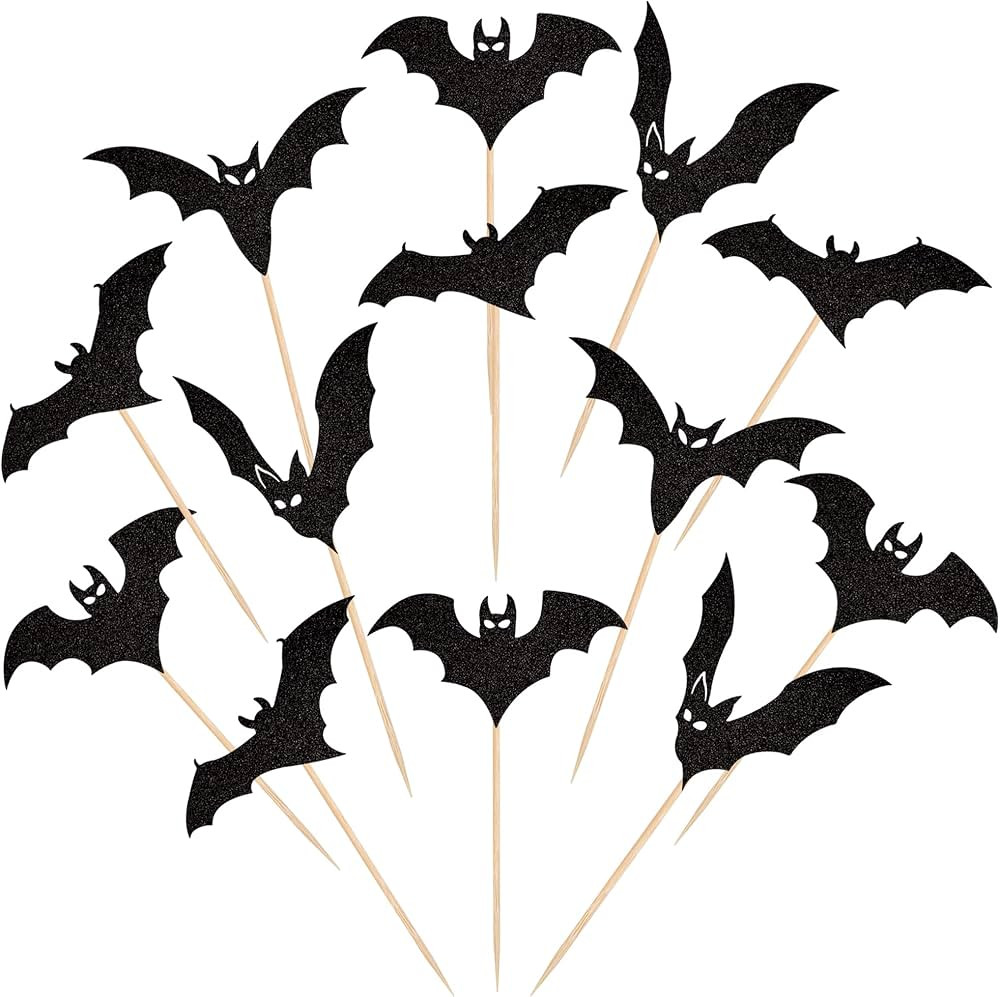 24 PCS Halloween Bat Cupcake Toppers Black Glitter Bat Halloween Cupcake Picks for Halloween Them... | Amazon (US)
