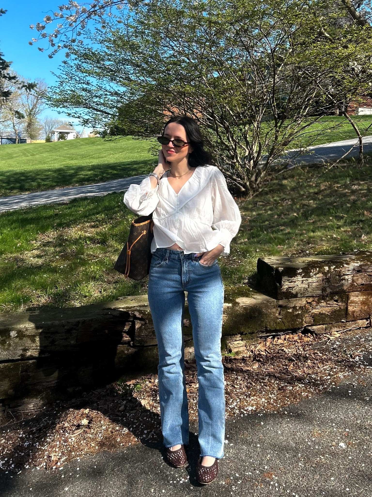 spring outfit ! TTS for all (XS Top / 25 Curve Love Jeans). I did reg length in the jeans and I’m 5’2”. Also been wearing these brown woven ballet flats non-stop 🌸

#LTKSeasonal #LTKPetite #LTKootd