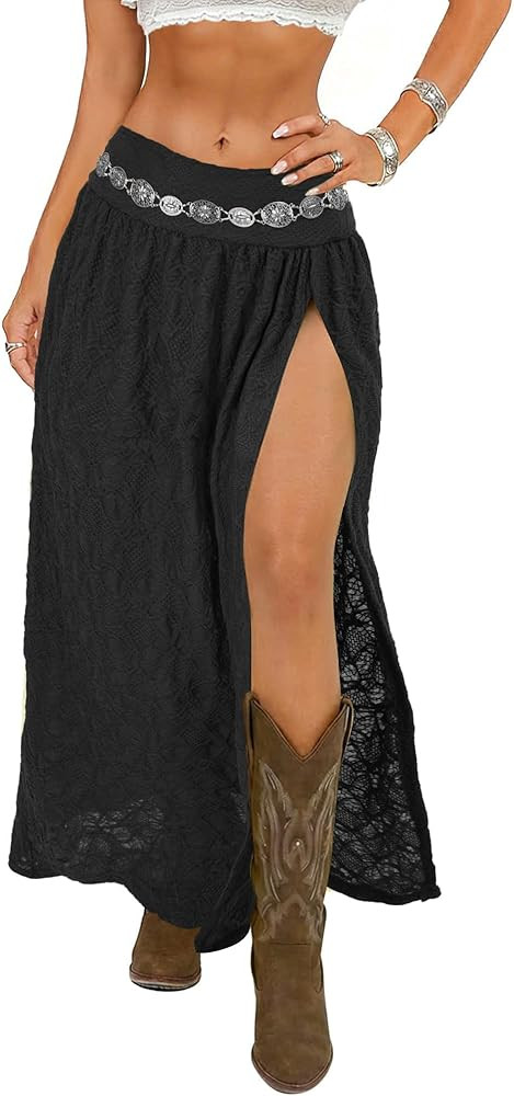 Women's Western Boho Lace Maxi Skirt High Slit Cowgirl Skirts Sexy Beach Skirt Country Concert Ou... | Amazon (US)