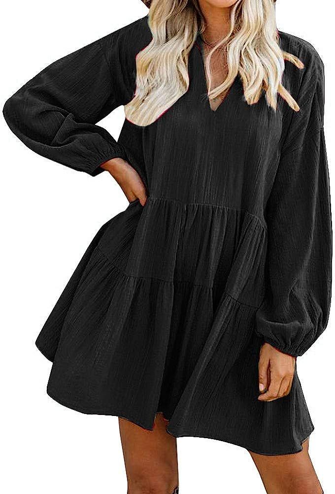 FANCYINN Long Sleeve Shift Tunic Dress Ruffle Swing Babydoll Juniors Mini Ruffle Dress with Pocke... | Amazon (US)