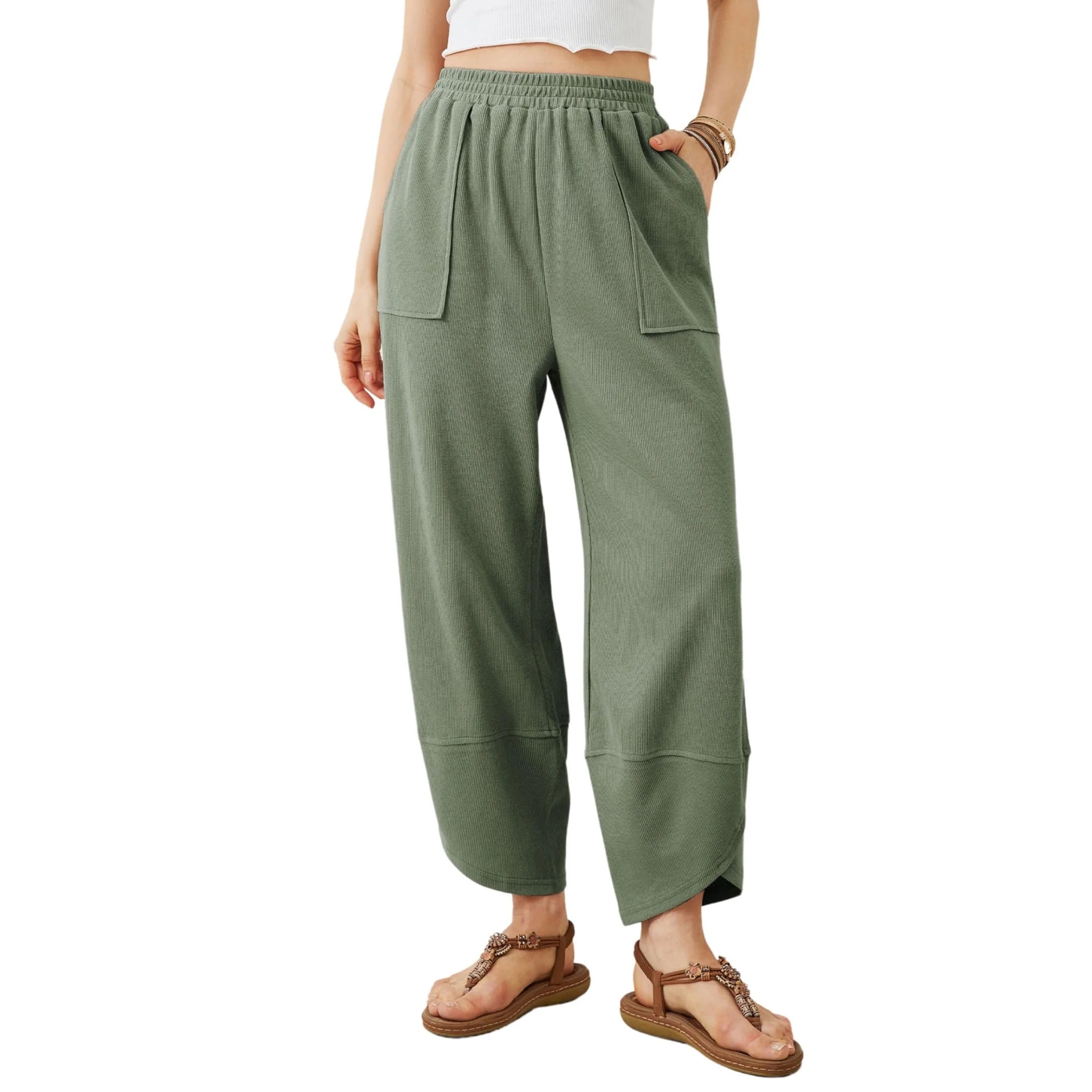 PUWEI Women's Wide Leg Pants Baggy Elastic Waisted Palazzo Harem Trousers with Pockets | Walmart (US)