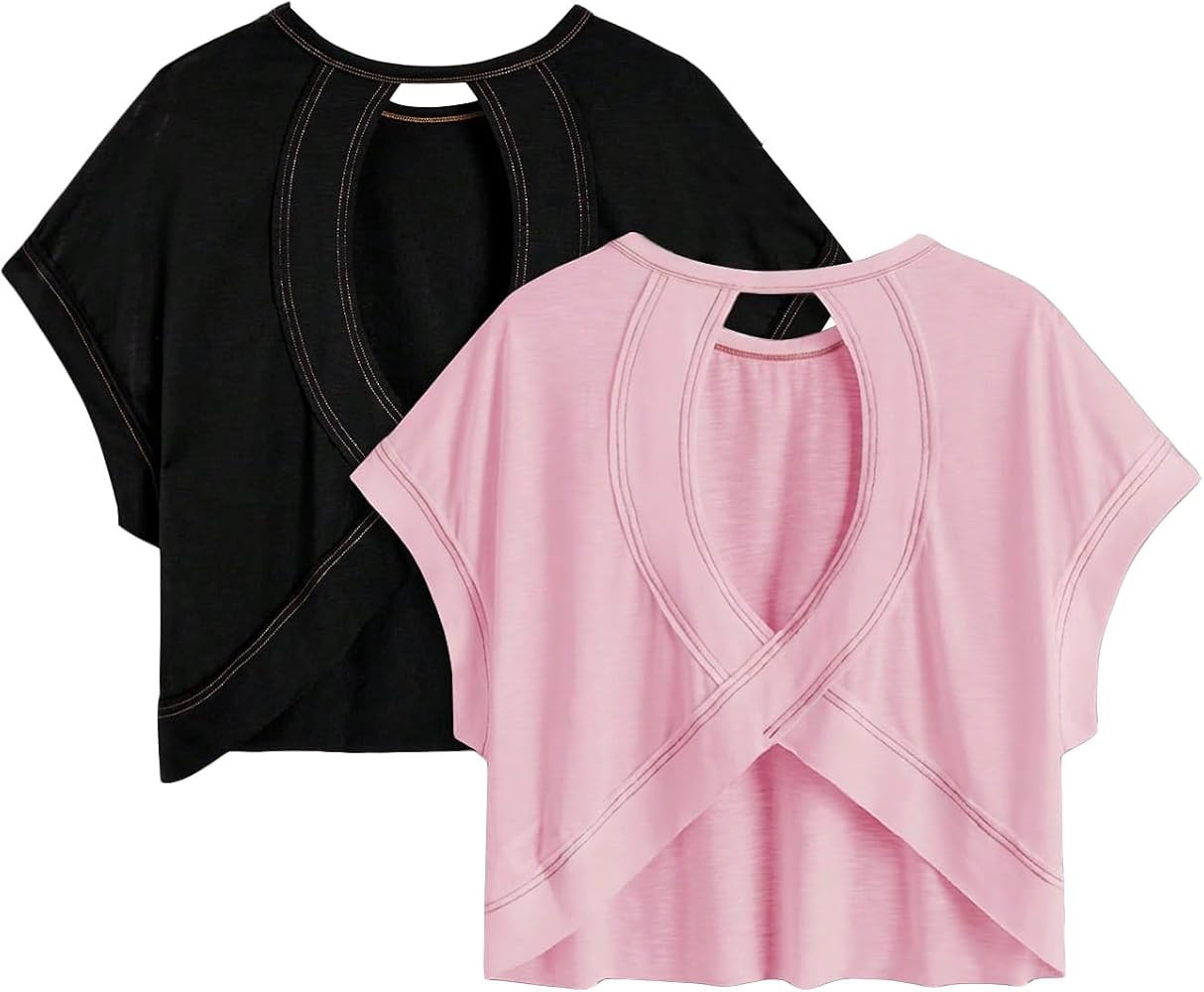 RoseSeek Girl's 2 Packs Open Back Backless Tops Criss Cross Short Sleeve T Shirts Crewneck Casual... | Amazon (US)