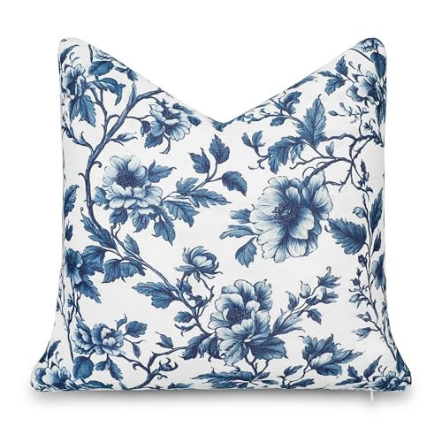 Crumbs Home California Casual Coastal Indoor Outdoor Throw Pillow Cover, 20"x20" Water Repellent for Patio, Backyard, Couch, Poolside, Dark Navy Print Vintage Chinoiserie Floral | Amazon (US)