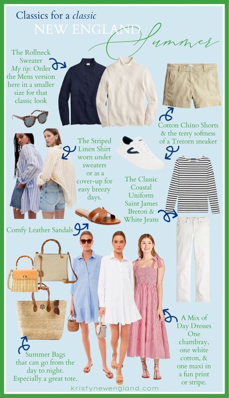 Staples for a classic New England summer. Rollneck sweaters, khaki chino shorts, Saint James Breton top, white jeans, linen shirts, chambray dresses, white cotton dresses, maxi dress, wicker bag, summer tote bag, Tretorn sneakers, and leather sandals

#LTKFind #LTKSeasonal #LTKstyletip