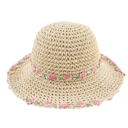Lcaiualu Baby Girl Sun Hat for Toddler Straw Hats Kids Bucket Hat with Bow Flower Baby Sun Cap for Girls Beach Summer Outdoor (52cm, Beige Rose) | Amazon (US)