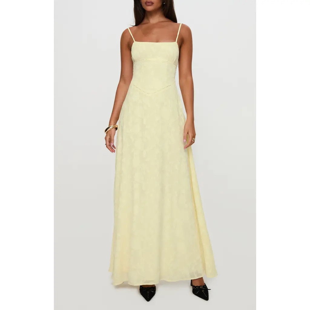 Princess Polly South of France Floral Embroidered Sleeveless Gown in Yellow at Nordstrom, Size 12 | Nordstrom
