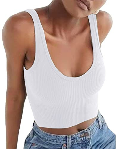 Artfish Women's Sleeveless Shirt Ribbed Fitted Scoop Neck Basic Crop Tank Top Cotton Cropped White,XS | Amazon (US)