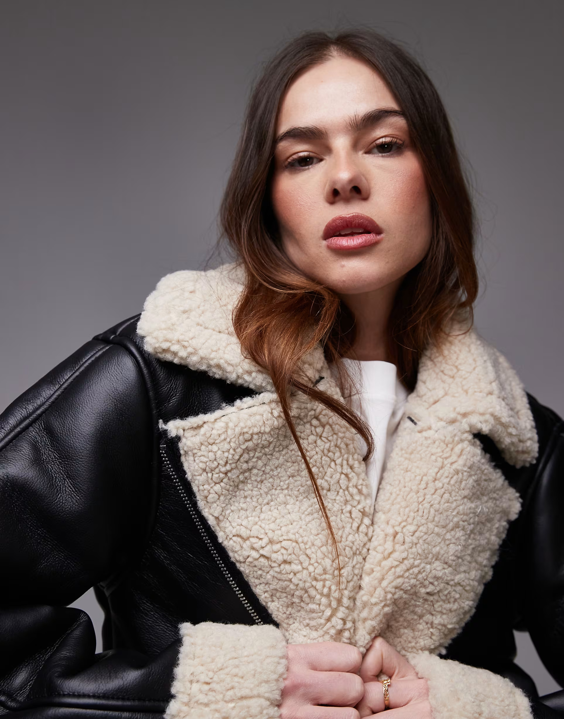 Topshop shearling aviator jacket in black and cream | ASOS (Global)