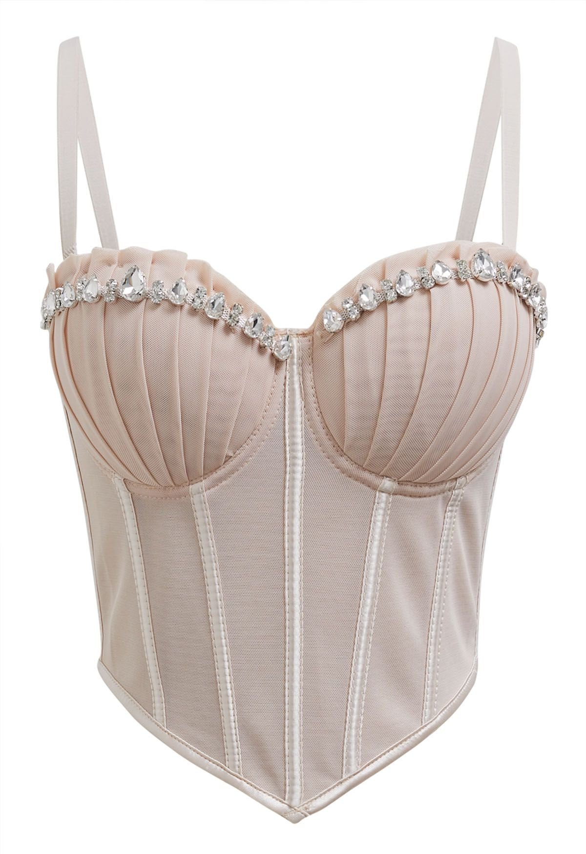 Pear-Shaped Rhinestone Pleated Mesh Bra Top in Nude | Chicwish