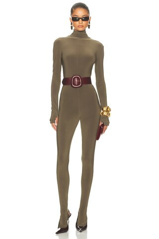 Norma Kamali Long Sleeve Slim Fit Turtleneck Footie Catsuit in Chocolate | FWRD 
