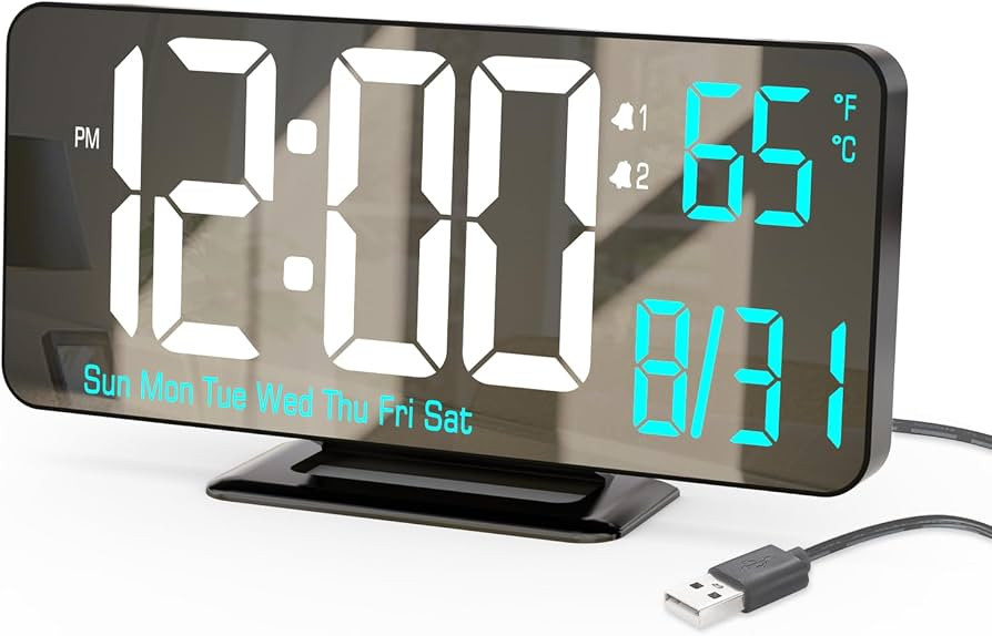 KOSUMOSU Digital Alarm Clock 6.7in Black Clock for Bedroom, Dual Alarm, Date, Seconds,Day of Week... | Amazon (US)