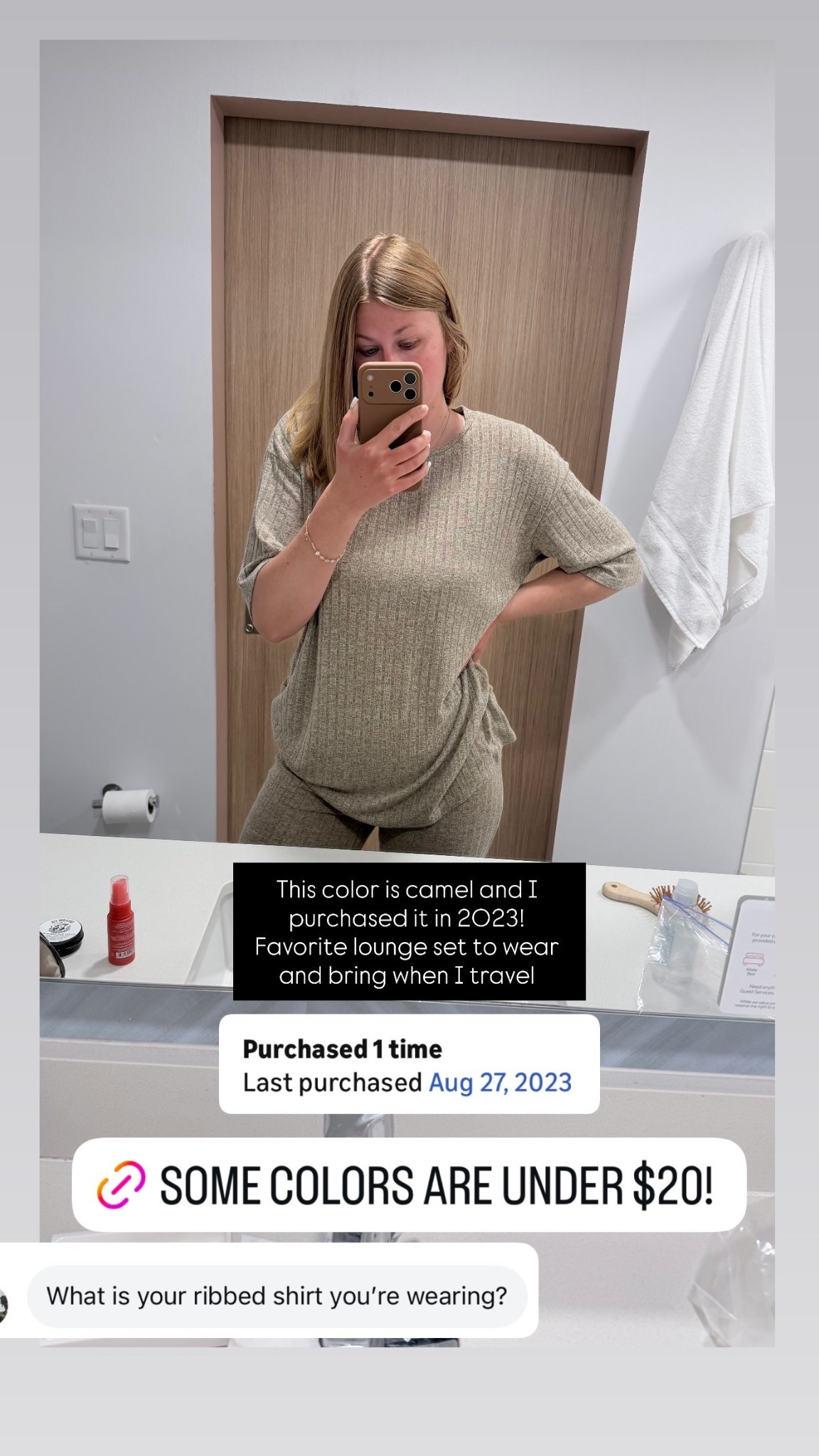 This color is camel and I purchased it in 2023! Favorite lounge set to wear and bring when I travel